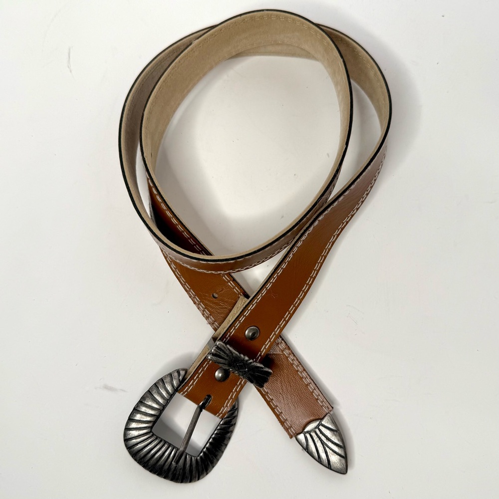 Vintage Brown Leather Belt with Silver Buckle and Tip